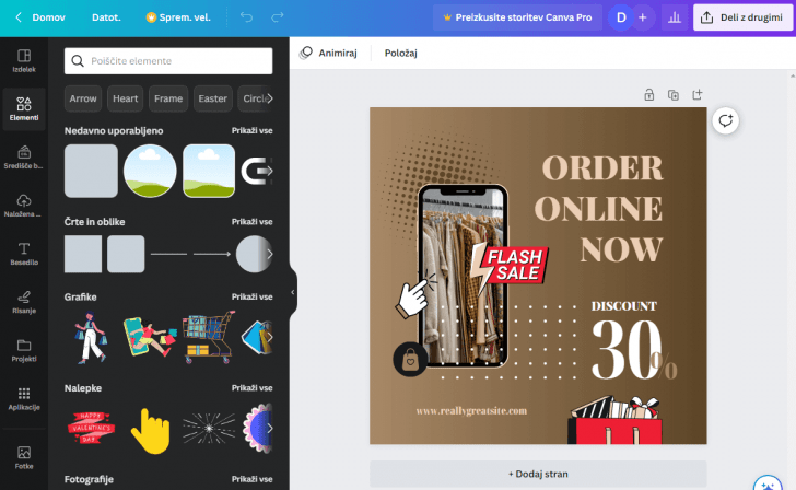 Canva izgled urejevalnika