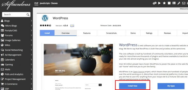 Softaculous wordpress namestitev