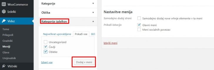 Meniji v WooCommerce, korak 2