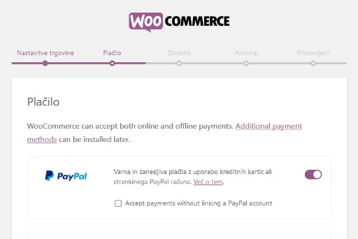 Nastavitve WooCommerce, korak 1