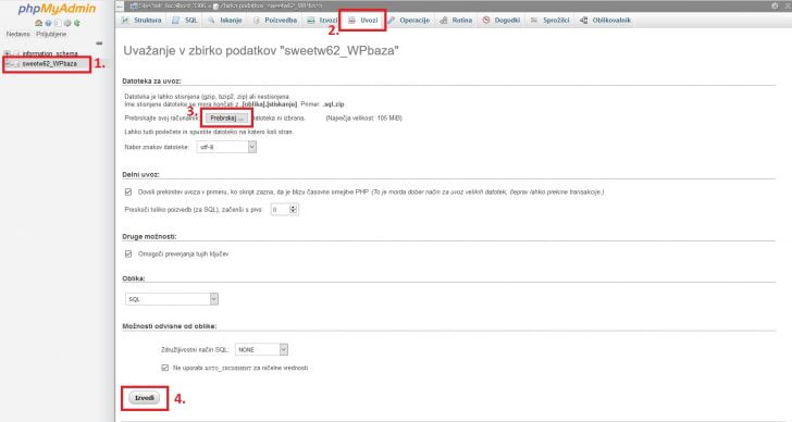 phpMyAdmin pri selitvi gostovanja, korak 2