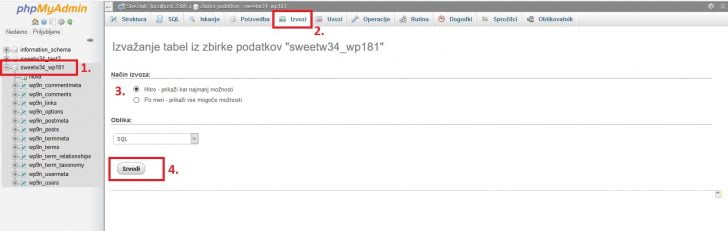 phpMyAdmin pri selitvi gostovanja, korak 6