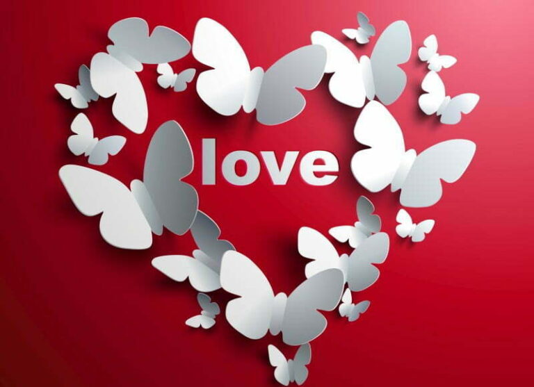 Srce iz papirnatih metuljev z napisom love