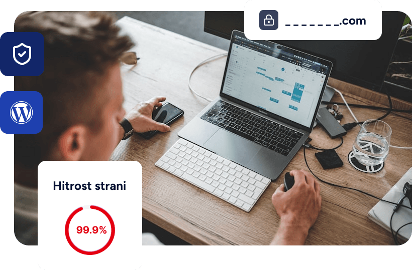 Spletno gostovanje: moški za prenosnikom in prikaz hitrosti strani 98 %
