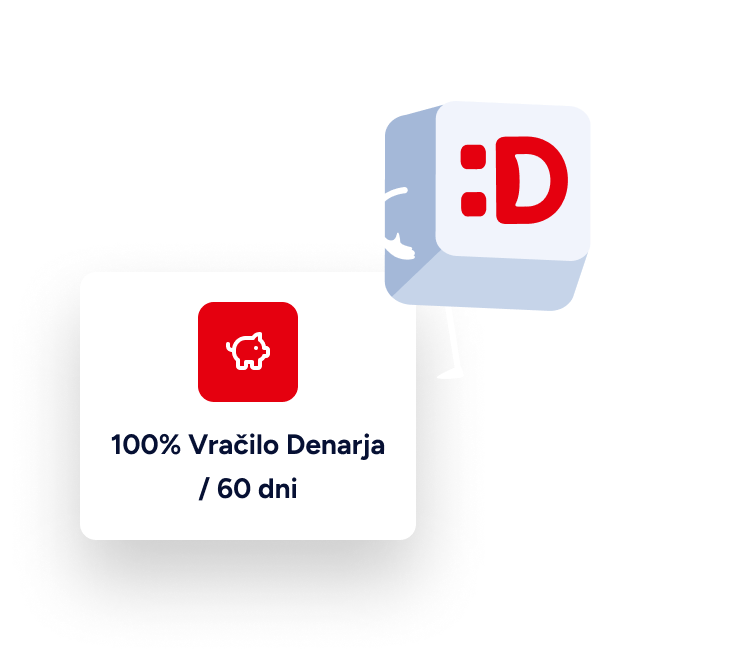 Maskota Domenca z oznako 100 % vračilo denarja v 60 dneh