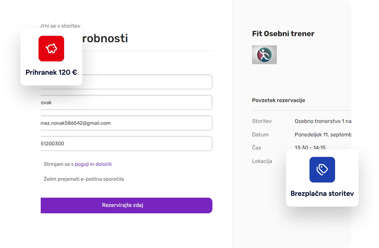 Posnetek zaslona rezervacijskega obrazca