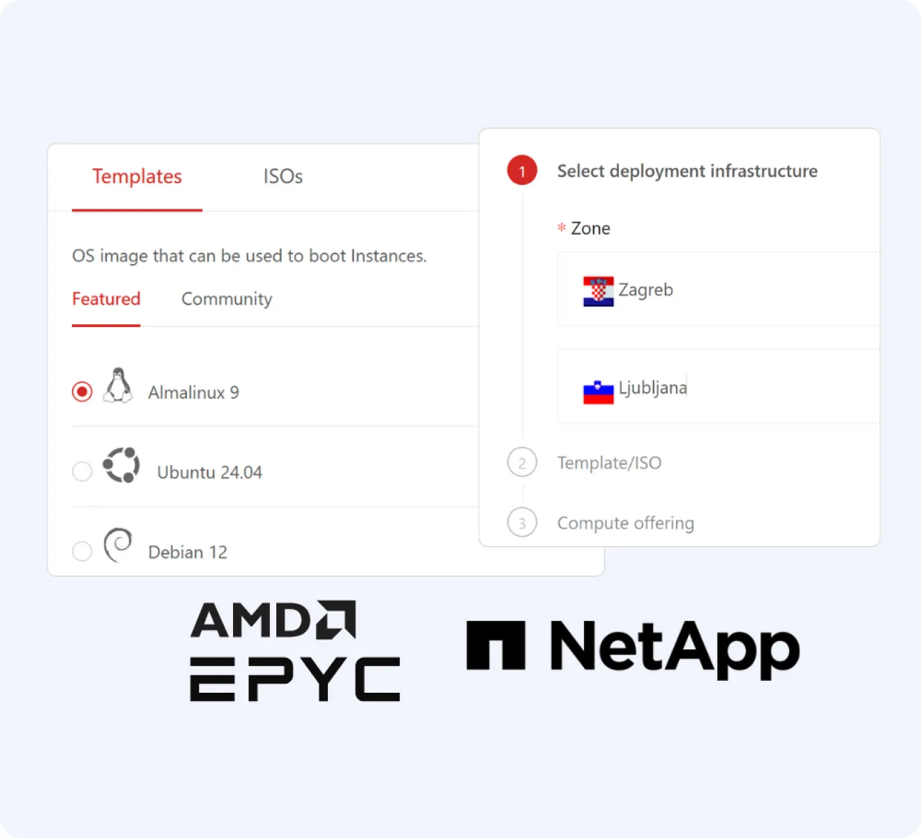 Domenca Cloud - izbira predloge in lokacije, AMD EPYC in NetApp