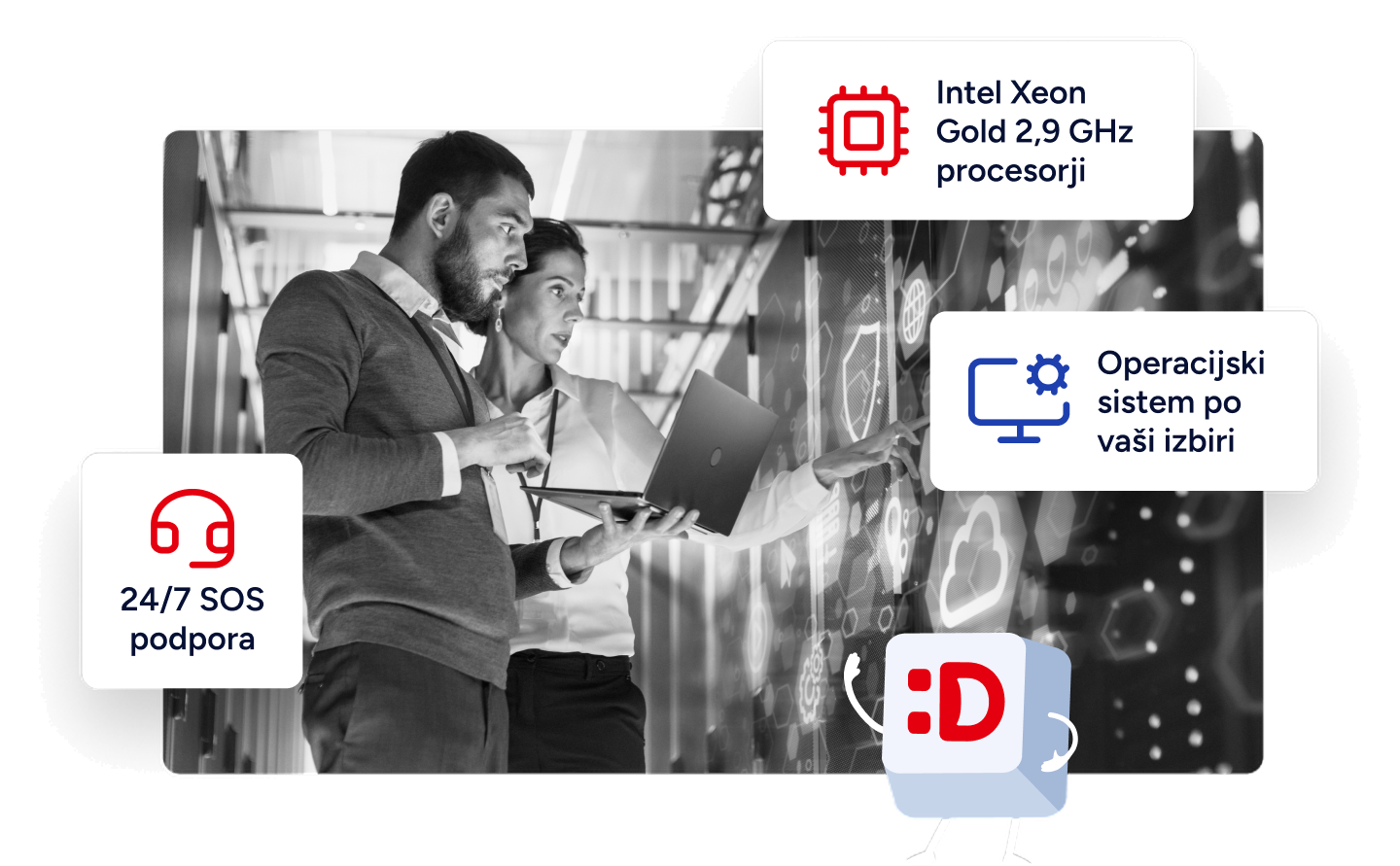 Strežniška soba z oznakami o procesorjih Intel Xeon in podpori 24/7