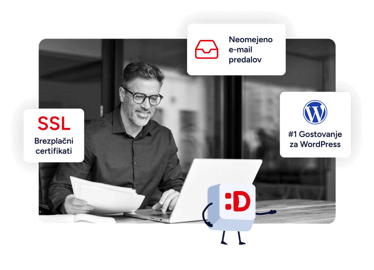 Moški za računalnikom z oznakami o SSL certifikatih in e-poštnih predalih