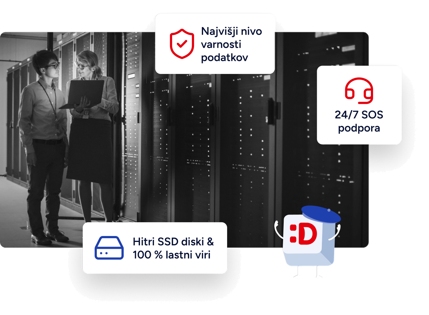 Strežniška soba z oznakami o varnosti podatkov in SSD diskih