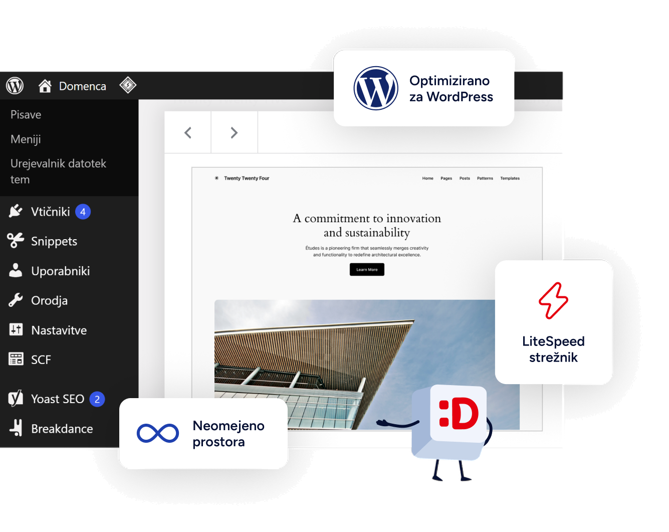 Nadzorna plošča gostovanja WordPress z maskoto Domenca