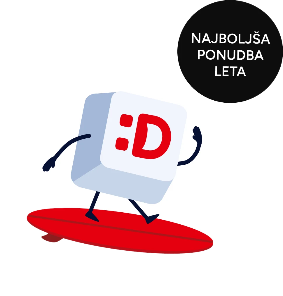 Maskota Domenca na deski z oznako Najboljša ponudba leta