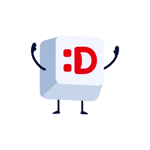 Maskota Domenca maha z dvignjenimi rokami