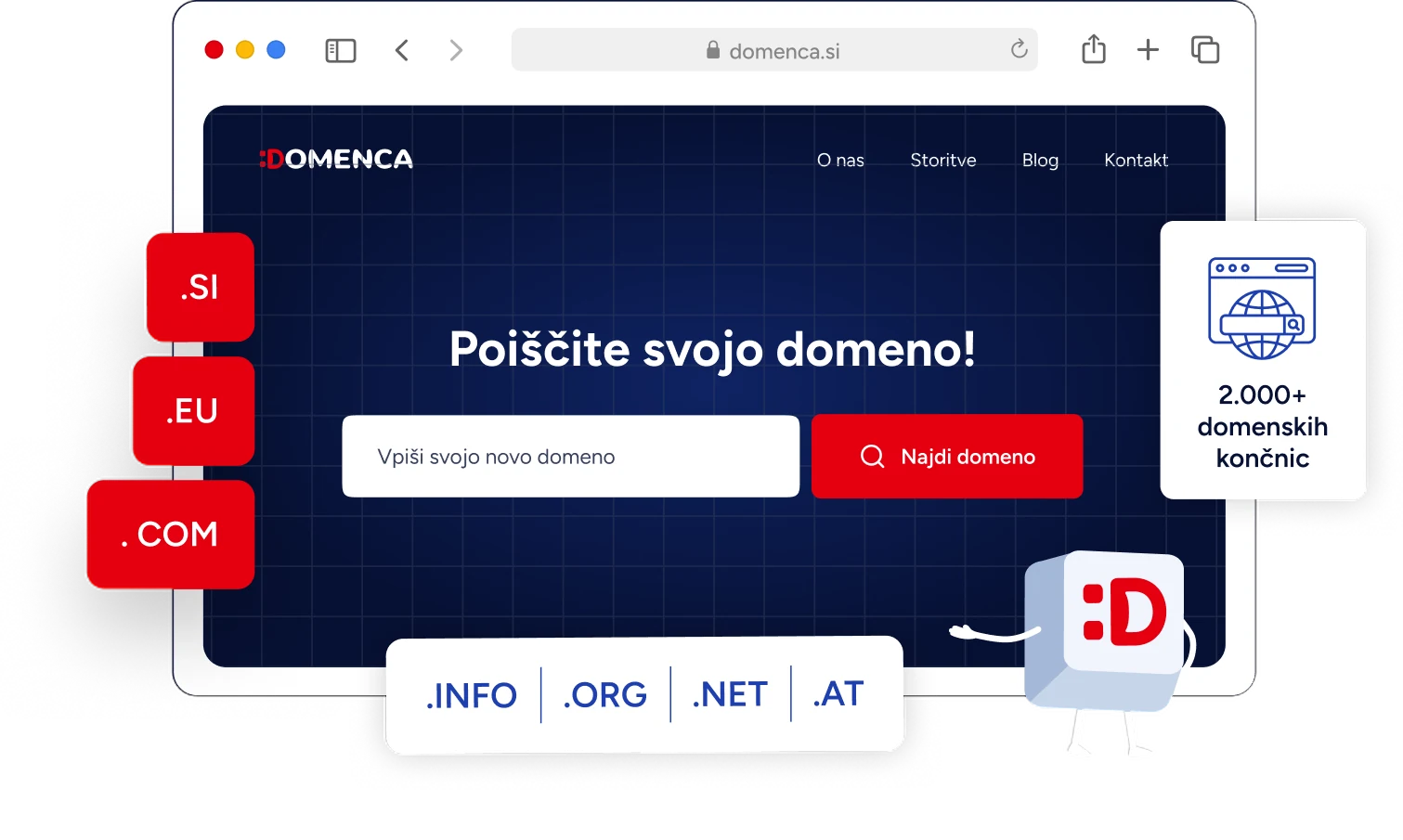 Iskanje domene pri Domenci: brskalnik z iskalnikom domen, končnice .SI, .EU, .COM, .INFO, .ORG, .NET, .AT in maskota Domenca